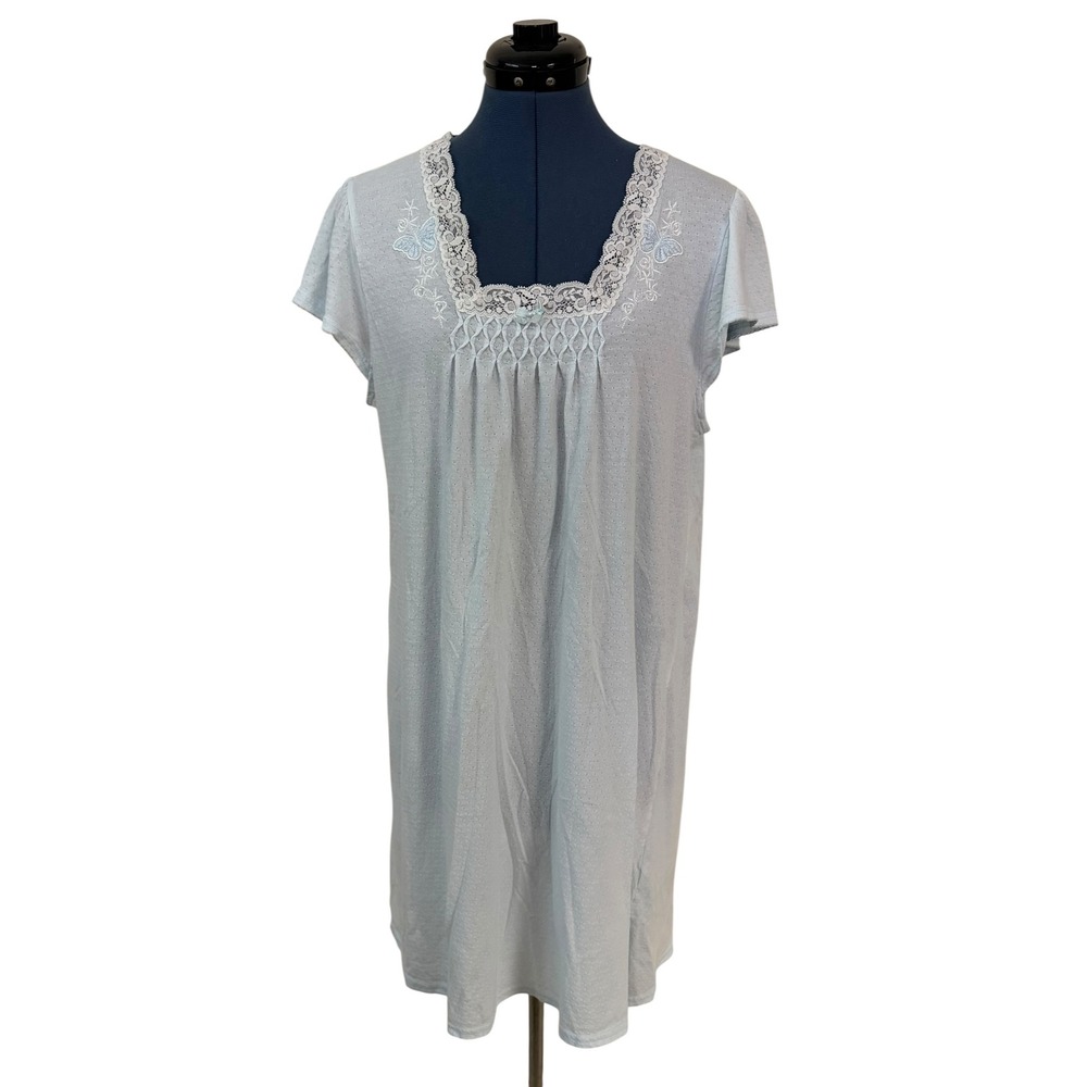 Miss Elaine Blue Pointelle Lace Butterfly Smocked Nightgown Dress Lightweight M
